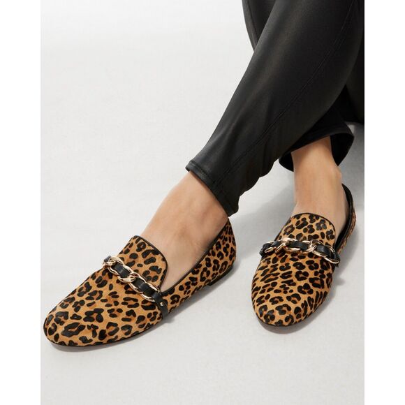 CHICOS Shoes Womens Size 8.5 Leopard Calf Hair Leather Chain Link Flat Loafer - Picture 1 of 6